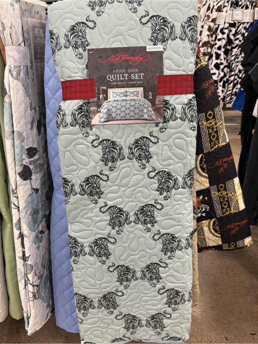 Ed Hardy Sage Quilt with Black Tigers & 2 Pillow Cases - King & Queen Size